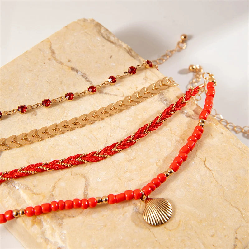 CowLost | 4pcs-set-bohemia-shell-bracelets-for-women-ethnic-style-colorful-zircon-rice-beads-metal-chain-bangles-girl-summer-beach-jewelry |8