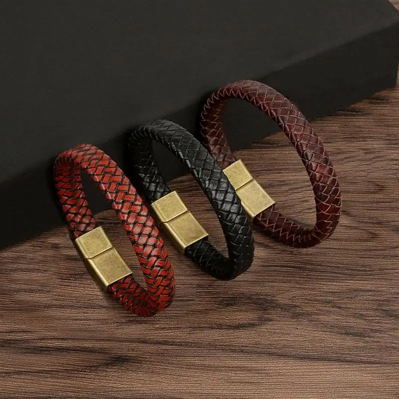 CowLost | badge-pass-holders-classic-mens-braided-leather-bracelet-with-magnetic-clasp |5