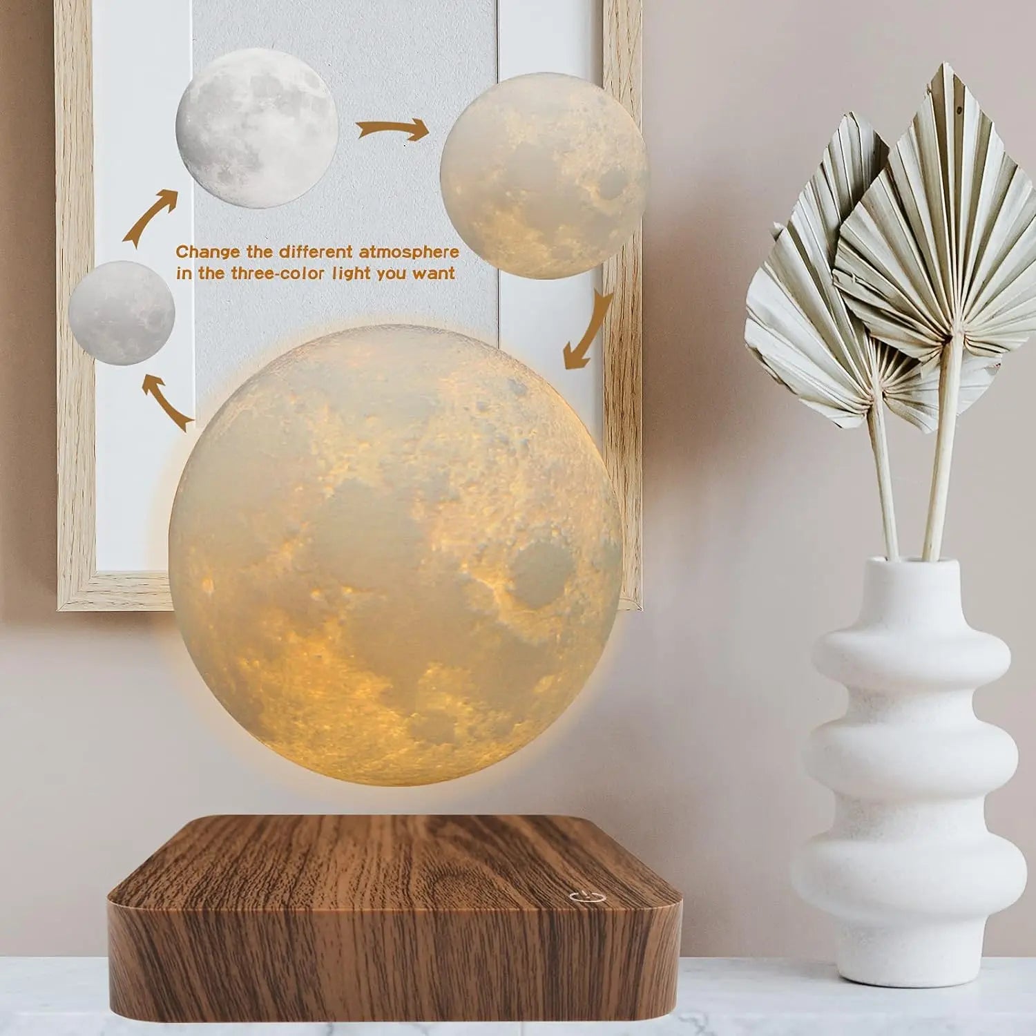 Levitating Moon Magnetic Floating 3D LED Night Light with Wooden Base, 3 Color Temperatures