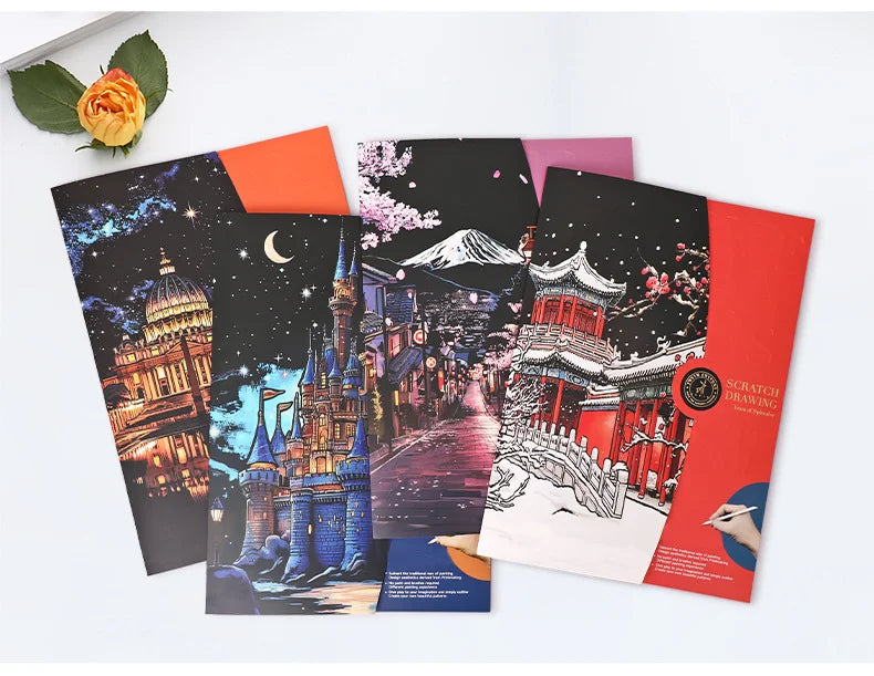 CowLost | product_id-4pcs-a3-diy-scratch-painting-set-colosseum-forbidden-city-cherry-blossom-castle-night-view |16