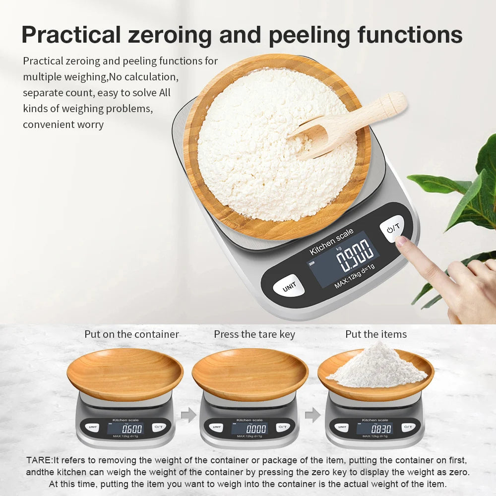 Digital Kitchen Scale 12kg/1g & 6kg/0.1g Waterproof Electronic Balance for Food, Jewelry, Baking