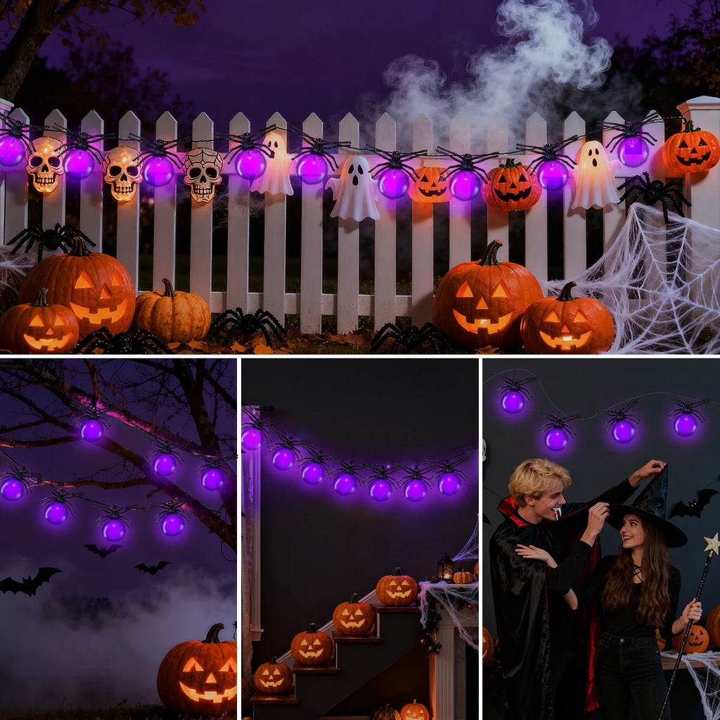 Battery Powered Purple LED Spider String Lights for Halloween and Christmas Decor