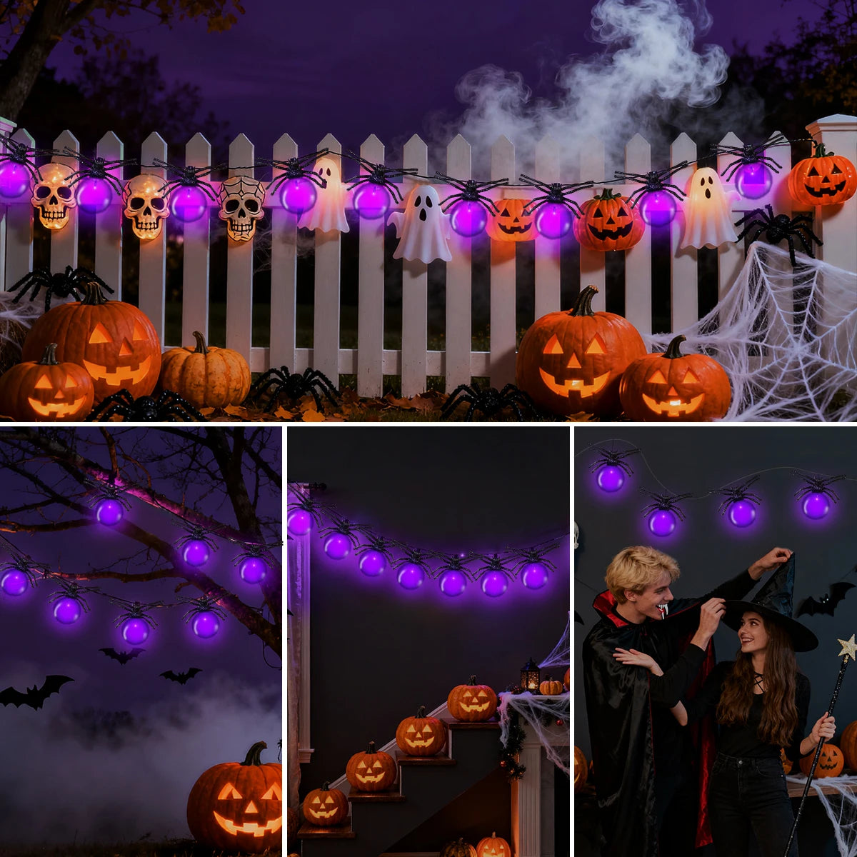 Battery Powered Purple LED Spider String Lights for Halloween and Christmas Decor