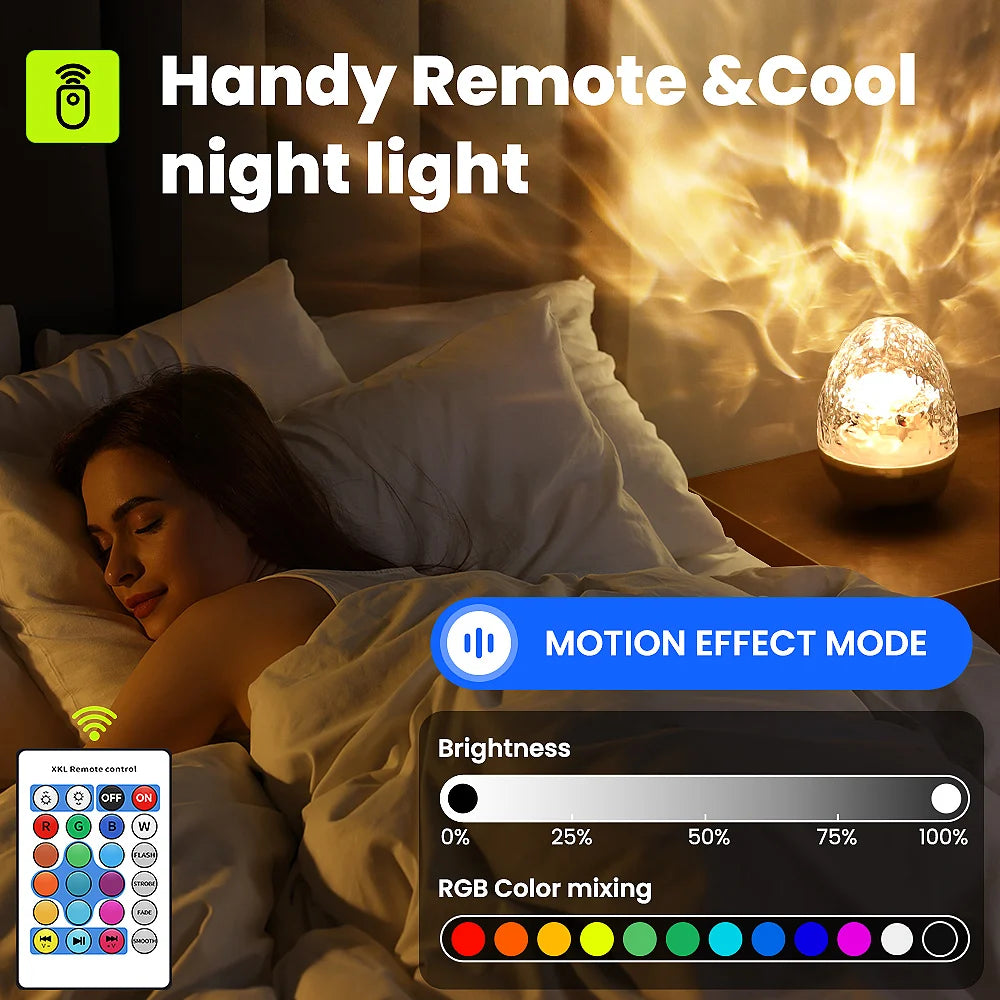 Aurora & Ocean Wave Projector Lamp with Remote, Music Speaker, RGB Effects, Rechargeable Night Light Gift