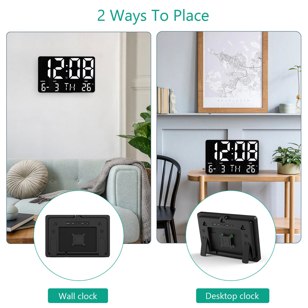 ORIA 11.5" Large USB Powered Digital LED Wall Clock with Calendar, 12/24H Time, Alarm, and Temp Display