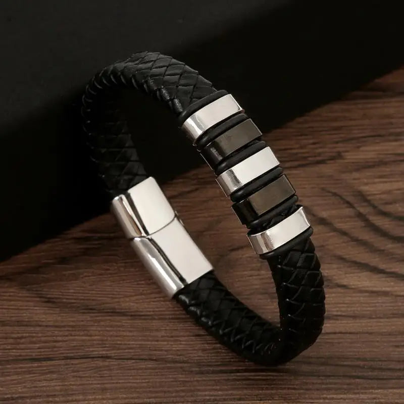 CowLost | punk-men-leather-bracelet-with-stainless-steel-magnetic-clasp-braided-mutilayer |19