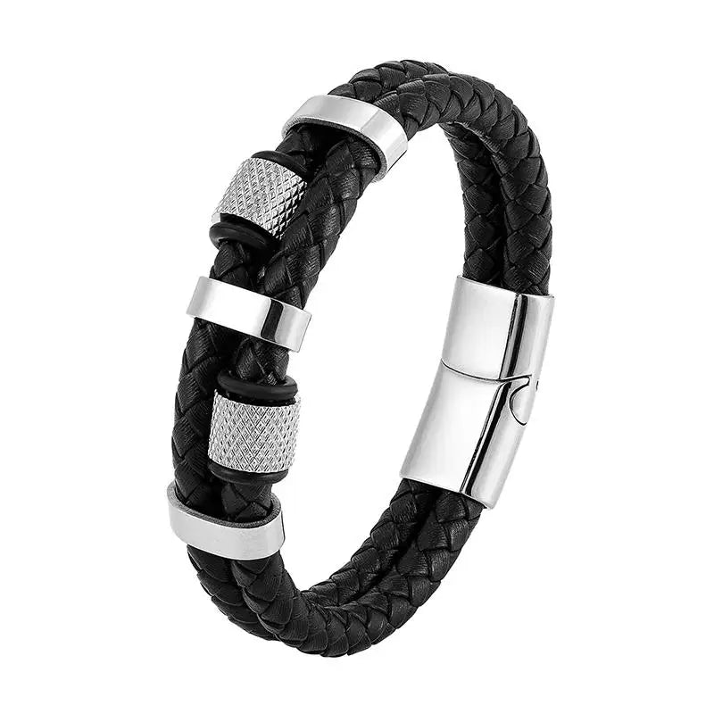 CowLost | badge-pass-holders-jiayiqi-punk-stainless-steel-leather-bracelet-for-men-with-irregular-beads |16