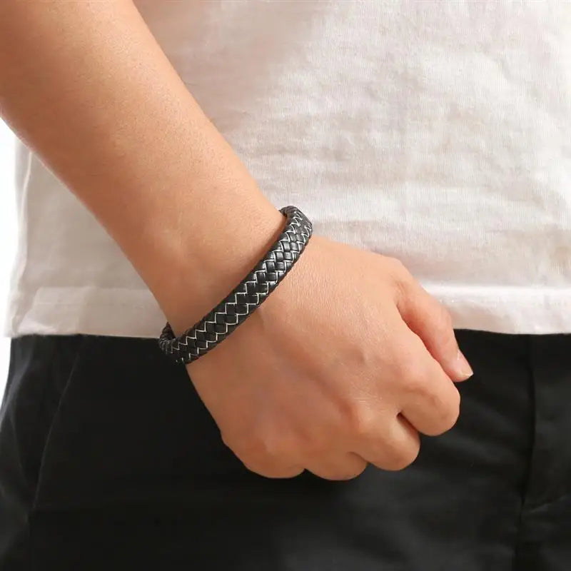 CowLost | jiayiqi-punk-men-jewelry-black-braided-leather-bracelet-stainless-steel-magnetic-clasp |21