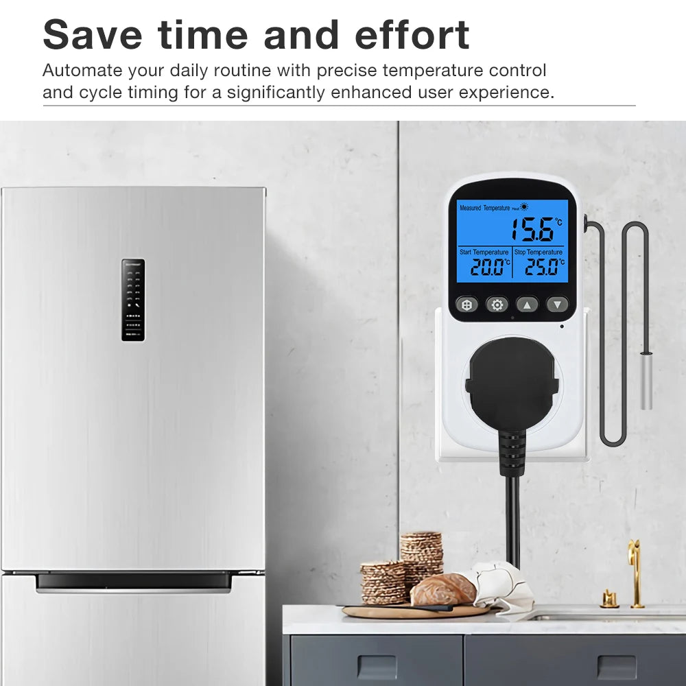 Full View LCD Thermostat Socket 16A 230V Temperature Controller EU Plug Heating Cooling Regulator with Sensor