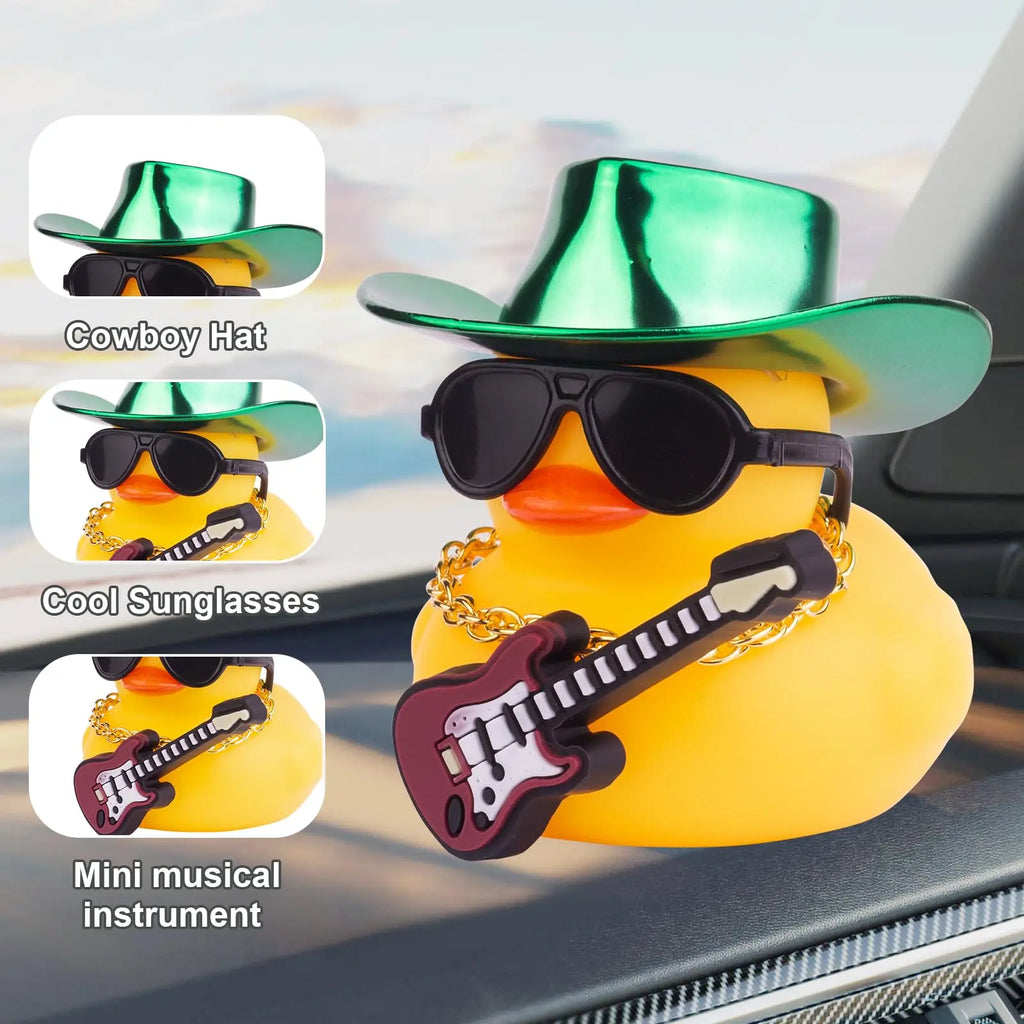 CowLost | product_id-yellow-rubber-duck-car-dashboard-decoration-with-cowboy-hat-necklace-sunglasses-and-mini-musical-instrument |3