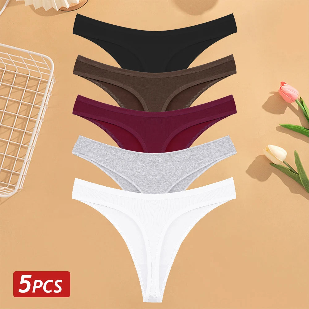 CowLost | activewear-pants-5pcs-women-cotton-solid-color-g-string-panties-set |25
