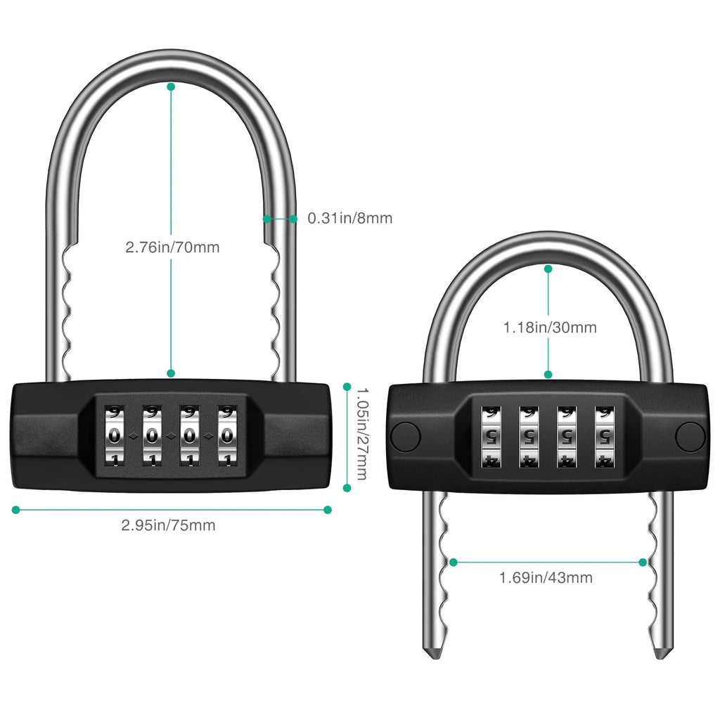 Combination 4-Digit Resettable Waterproof Padlock with Adjustable Shackle for Gym Luggage