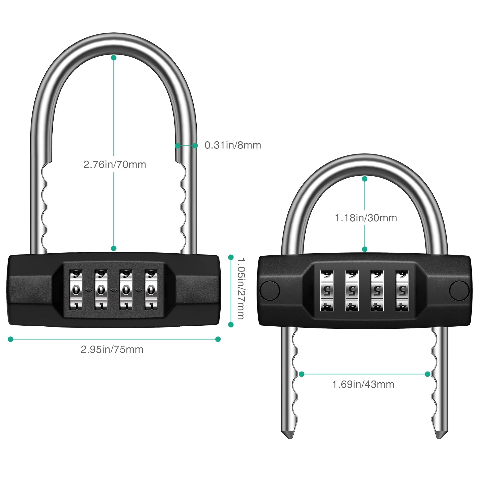 Combination 4-Digit Resettable Waterproof Padlock with Adjustable Shackle for Gym Luggage