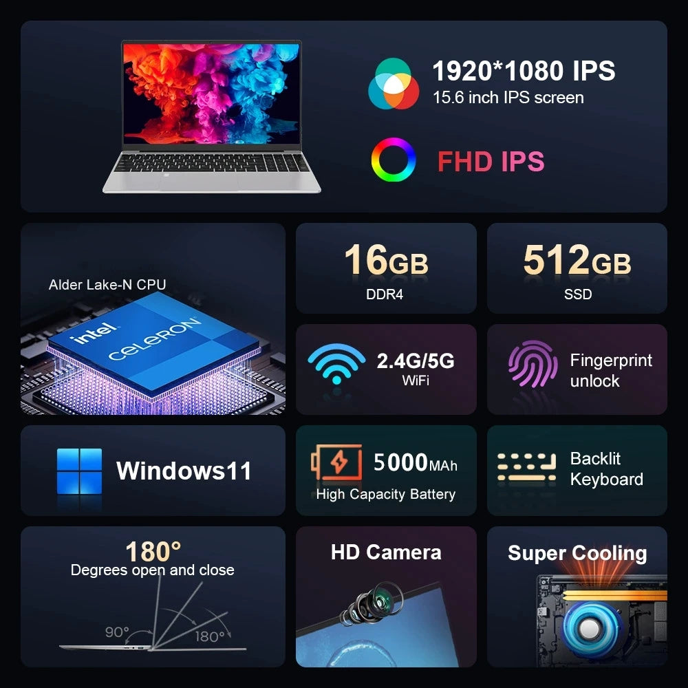 CowLost | portable-laptop-15-6inch-intel-celeron-n5095-16gb-ram-1tb-ssd-ddr4-windows-11-pro-camera-fingerprint |5