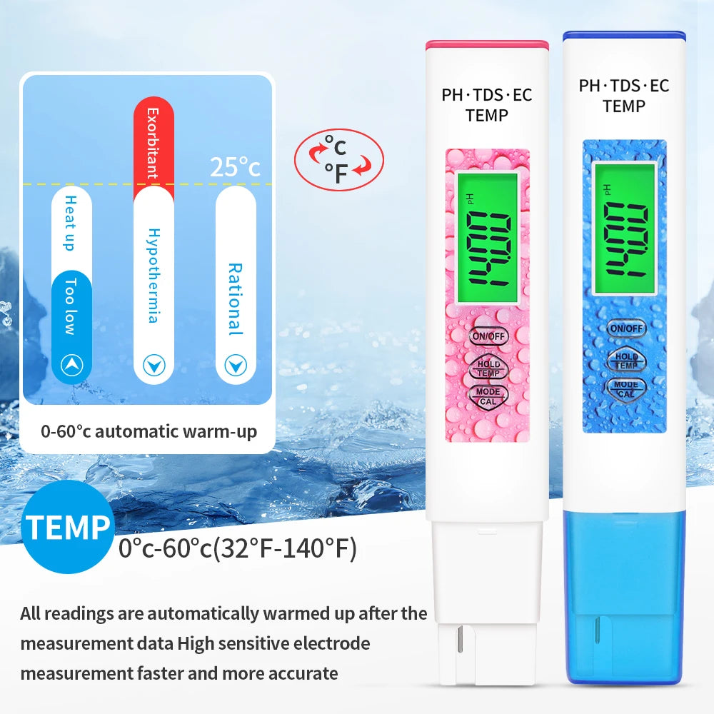4-in-1 Digital PH Meter Water Quality Tester PH TDS EC TEMP Pen with High-Sensitivity Probe