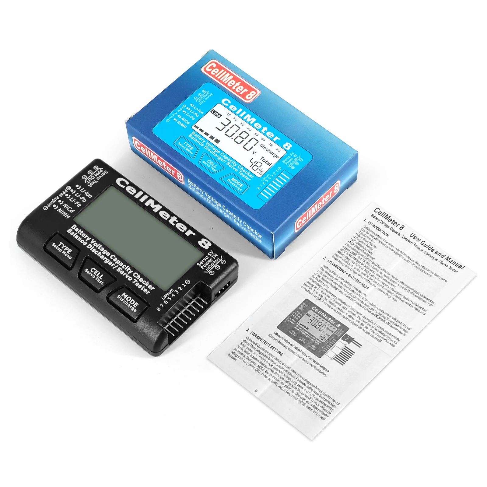 8 in 1 CellMeter Battery Capacity Tester Digital RC LiPo Li-ion NiMH Checker