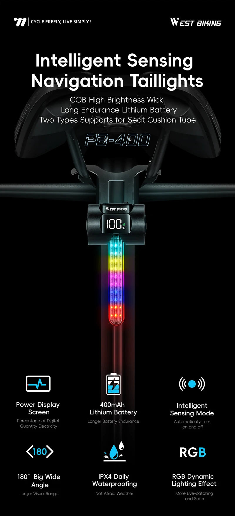 CowLost | west-biking-bicycle-taillight-power-display-intelligent-sensing-navigation-bike-rear-light-type-c-charging-led-mtb-bike-light |7