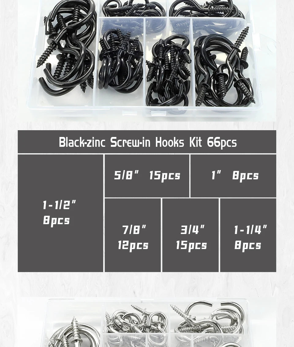 CowLost | nindejin-66pcs-heavy-duty-screw-hooks-kit-carbon-steel |9