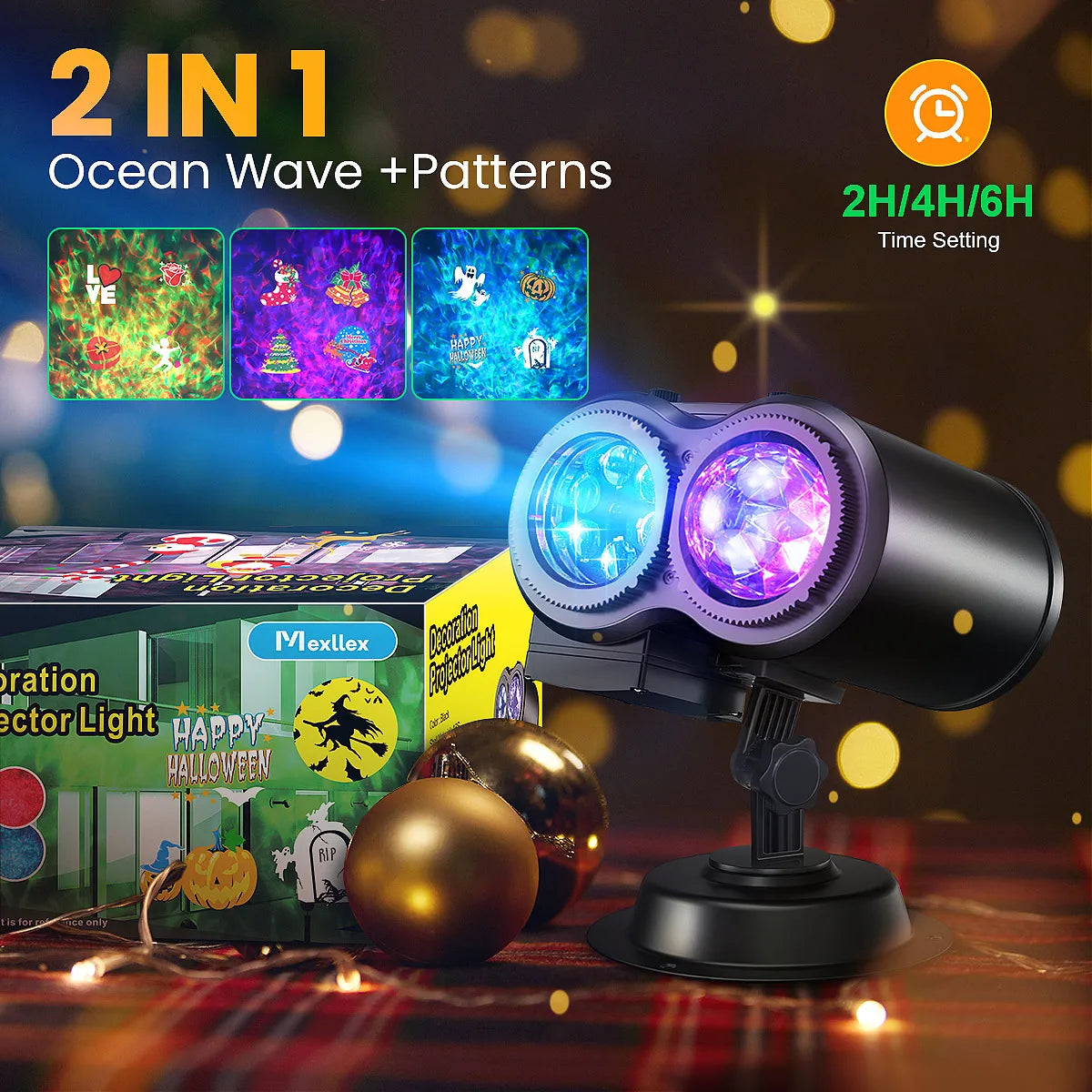 2-in-1 Halloween & Christmas Outdoor Projector Light with 12 HD Slides, Water Wave, Timer & Remote