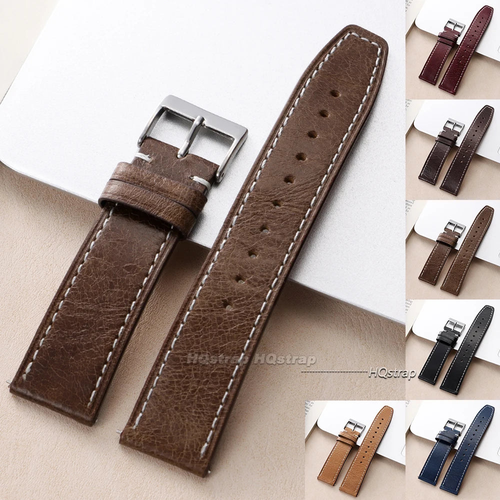 HQstrap Leather Watchband for Seiko 20mm 22mm with Steel Pin Buckle Vintage Strap