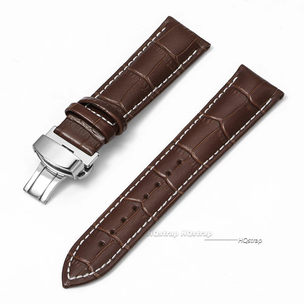CowLost | product_id-genuine-calfskin-leather-watch-strap-16-24mm-black-with-brown-stitching-butterfly-buckle |17