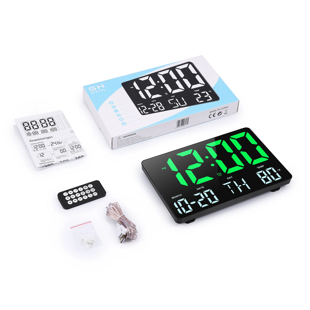 ORIA 11.5" Large USB Powered Digital LED Wall Clock with Calendar, 12/24H Time, Alarm, and Temp Display