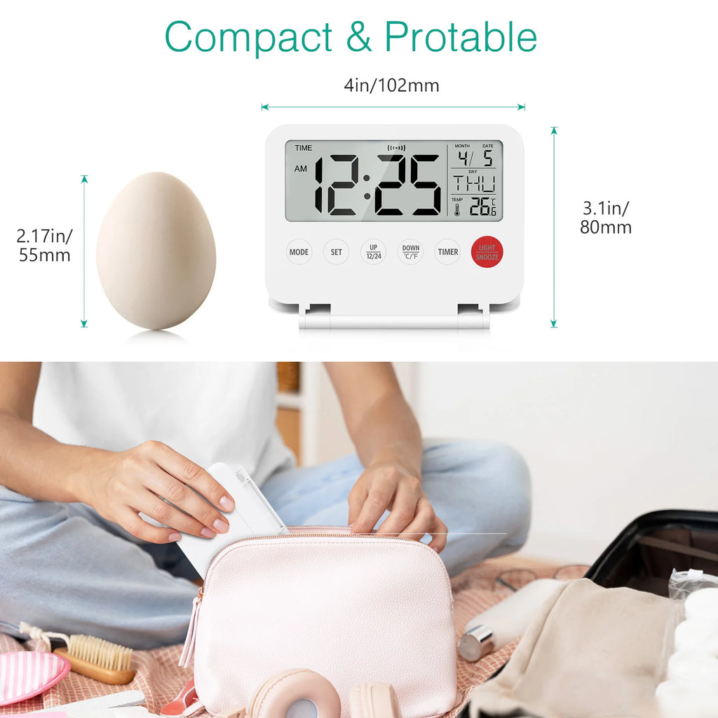 ORIA Digital Foldable LCD Alarm Clock with Calendar, Temperature, Timer – Battery Operated for Travel, Home, Office